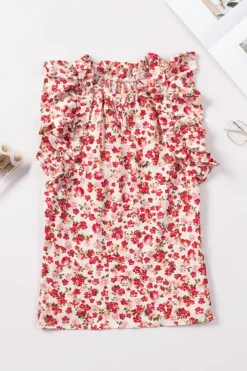 Best Dear-Lover Floral Print Ruffled Mock Neck Sleeveless Top Fiery Red