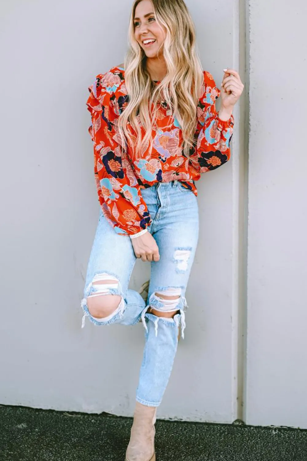 Hot Dear-Lover Floral Print Ruffle Puff Sleeve Blouse Fiery Red