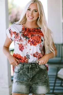 Online Dear-Lover Floral Short Sleeve Round Neck Blouse Fiery Red