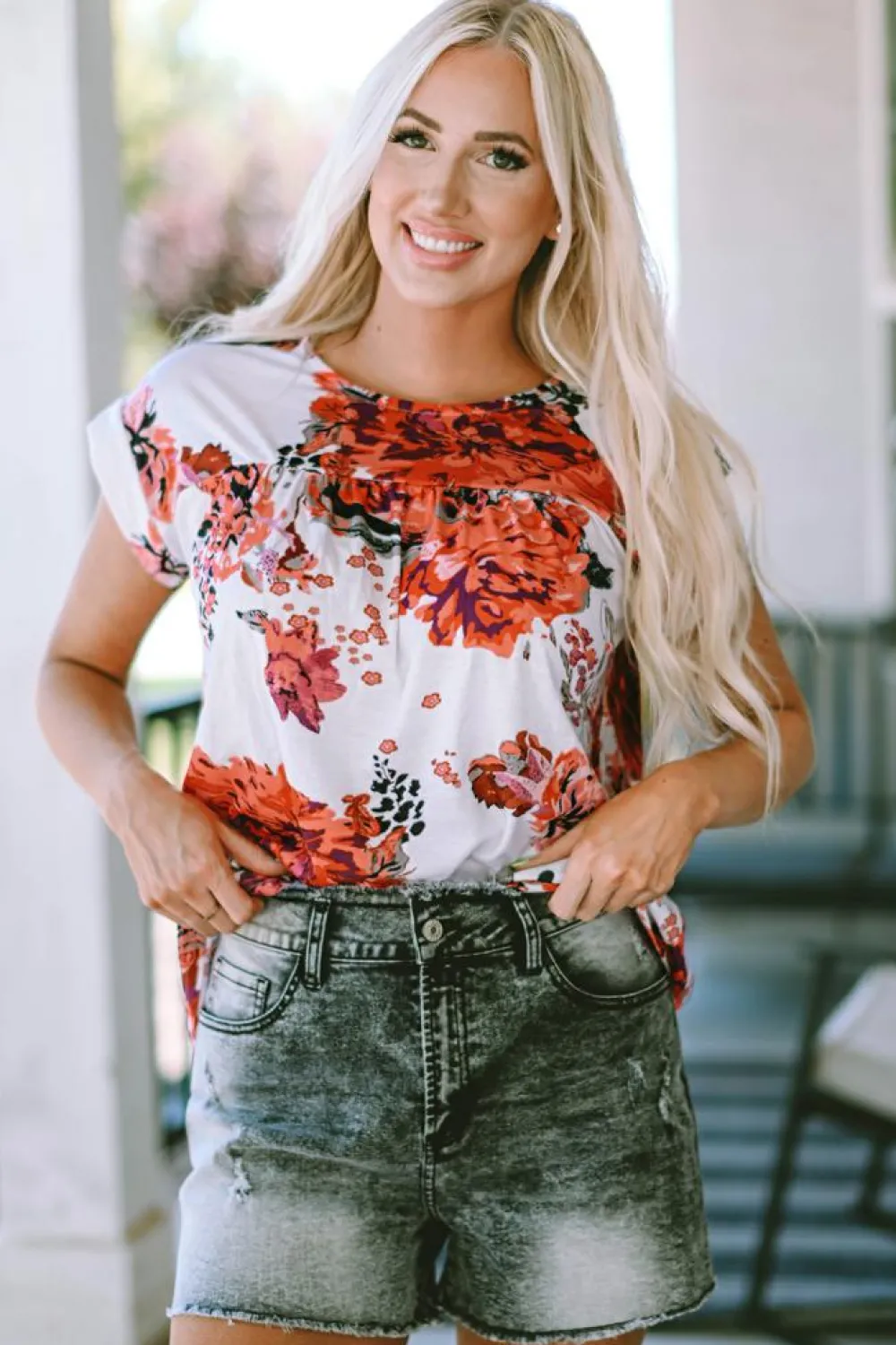 Online Dear-Lover Floral Short Sleeve Round Neck Blouse Fiery Red