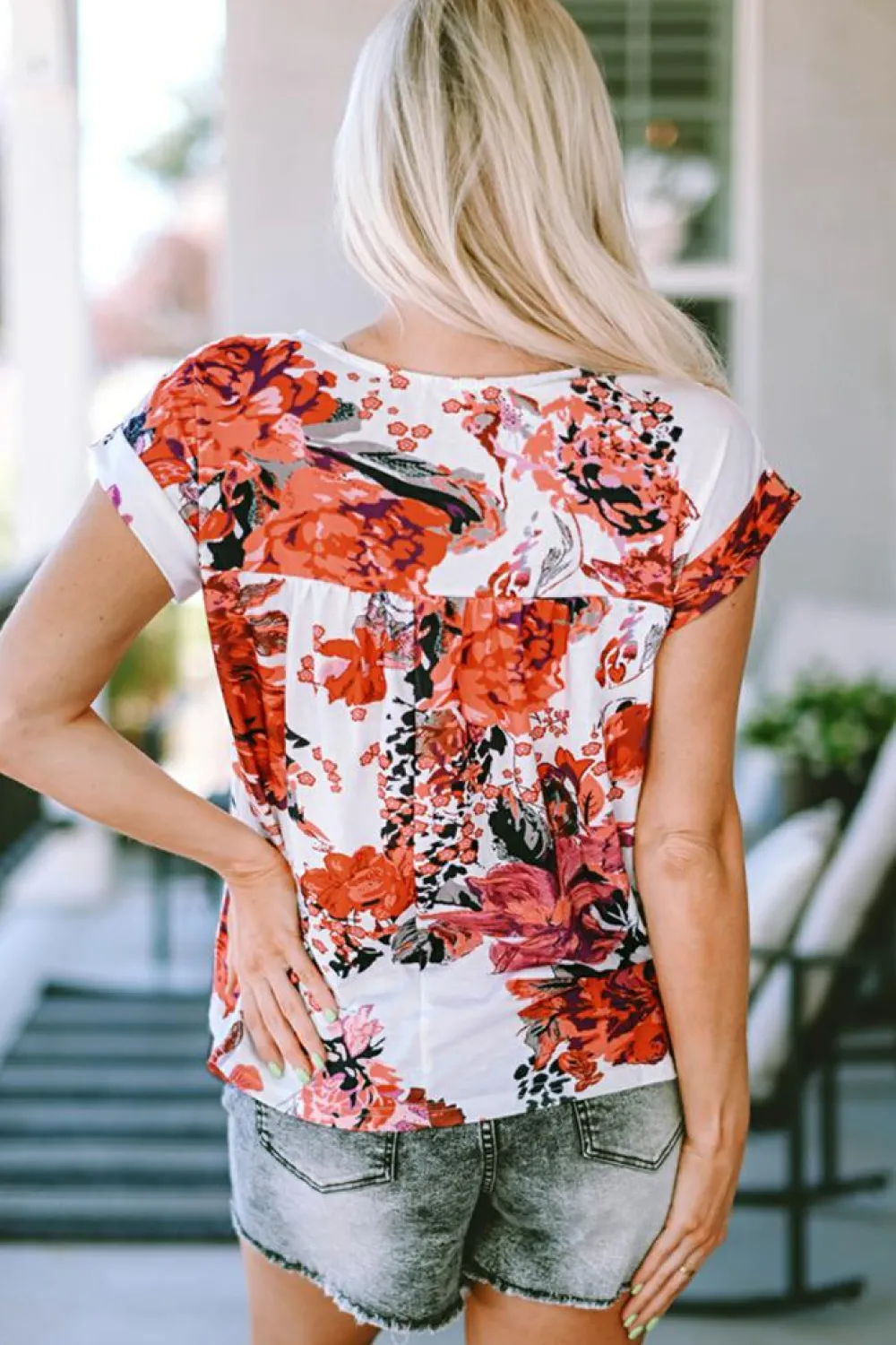 Online Dear-Lover Floral Short Sleeve Round Neck Blouse Fiery Red