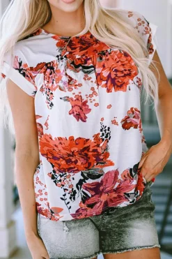 Online Dear-Lover Floral Short Sleeve Round Neck Blouse Fiery Red