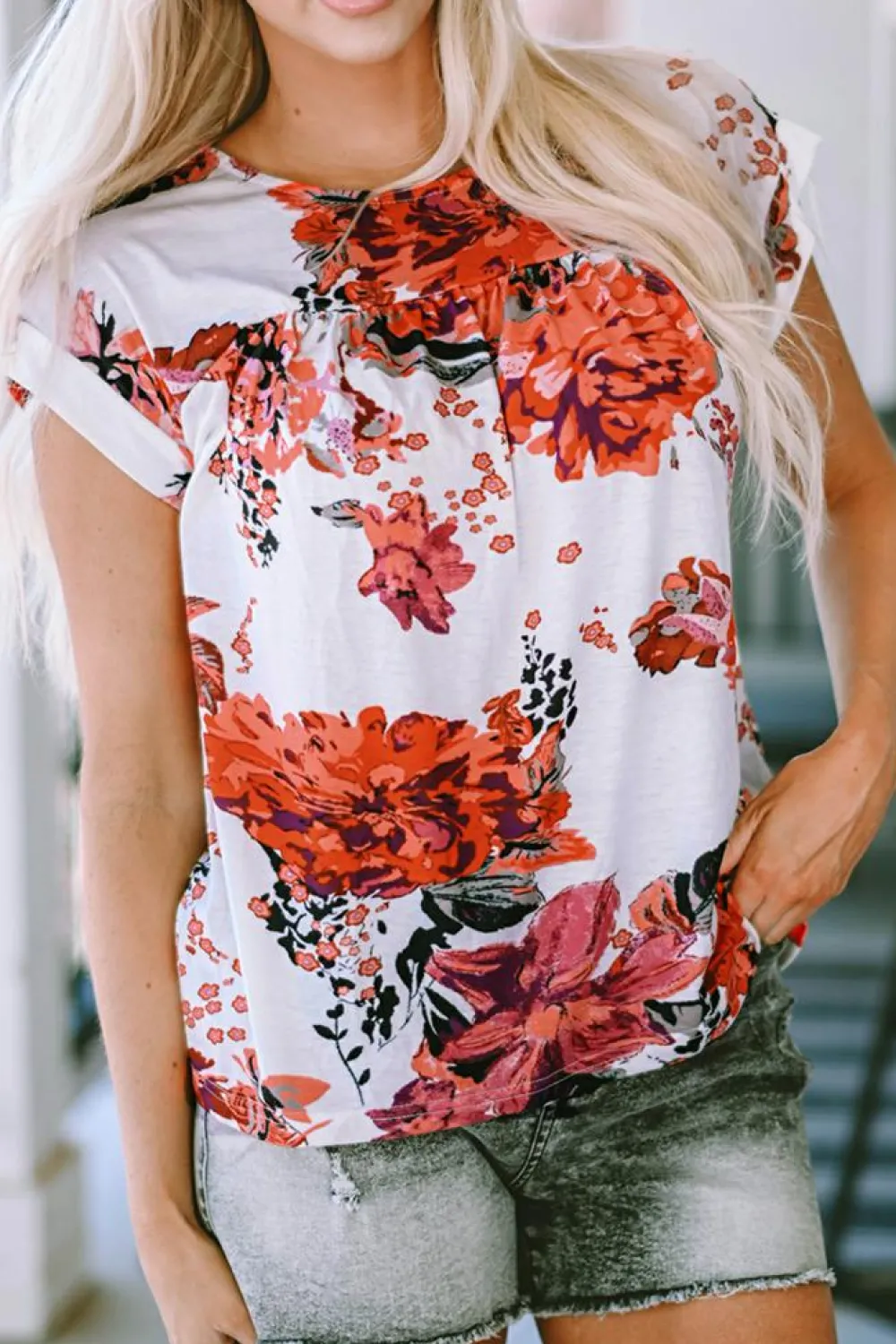 Online Dear-Lover Floral Short Sleeve Round Neck Blouse Fiery Red