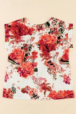 Online Dear-Lover Floral Short Sleeve Round Neck Blouse Fiery Red
