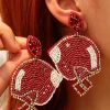 Online Dear-Lover Game Day Rice Beaded Football Helmet Dangle Earrings Fiery Red