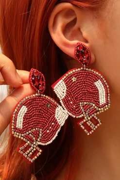 Online Dear-Lover Game Day Rice Beaded Football Helmet Dangle Earrings Fiery Red