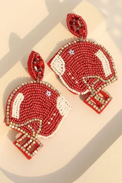 Online Dear-Lover Game Day Rice Beaded Football Helmet Dangle Earrings Fiery Red