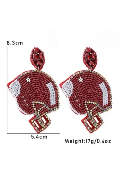 Online Dear-Lover Game Day Rice Beaded Football Helmet Dangle Earrings Fiery Red