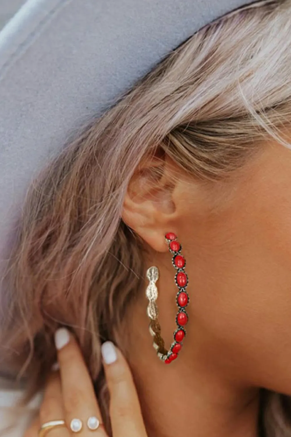 Clearance Dear-Lover Gem Inlay Retro C-shape Earrings Fiery Red