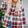 New Dear-Lover Geometric Plaid Print Pocketed Shacket Fiery Red