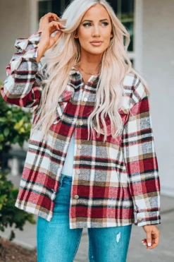 New Dear-Lover Geometric Plaid Print Pocketed Shacket Fiery Red