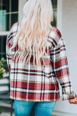 New Dear-Lover Geometric Plaid Print Pocketed Shacket Fiery Red