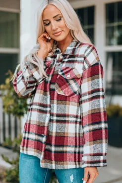 New Dear-Lover Geometric Plaid Print Pocketed Shacket Fiery Red