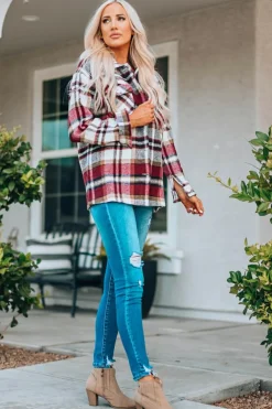 New Dear-Lover Geometric Plaid Print Pocketed Shacket Fiery Red