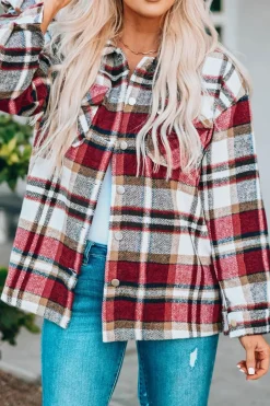 New Dear-Lover Geometric Plaid Print Pocketed Shacket Fiery Red