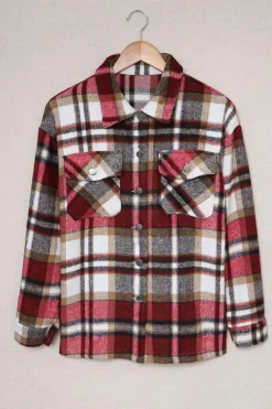 New Dear-Lover Geometric Plaid Print Pocketed Shacket Fiery Red