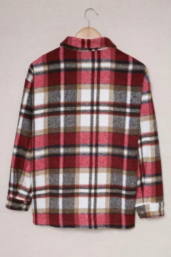 New Dear-Lover Geometric Plaid Print Pocketed Shacket Fiery Red