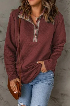 Online Dear-Lover Geometric Texture Plaid Trim Sweatshirt Fiery Red