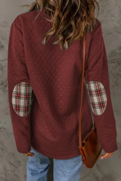 Online Dear-Lover Geometric Texture Plaid Trim Sweatshirt Fiery Red