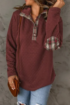 Online Dear-Lover Geometric Texture Plaid Trim Sweatshirt Fiery Red