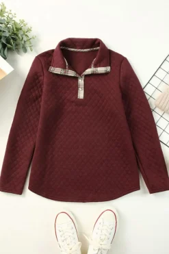 Online Dear-Lover Geometric Texture Plaid Trim Sweatshirt Fiery Red