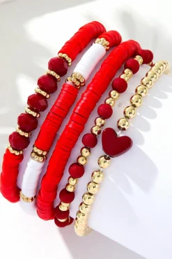 Sale Dear-Lover Heart Beaded Multi Layered Elastic Bracelet Set Fiery Red