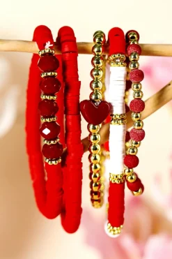 Sale Dear-Lover Heart Beaded Multi Layered Elastic Bracelet Set Fiery Red