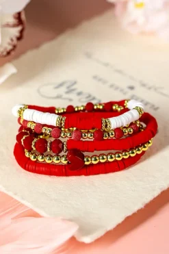 Sale Dear-Lover Heart Beaded Multi Layered Elastic Bracelet Set Fiery Red