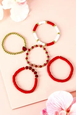 Sale Dear-Lover Heart Beaded Multi Layered Elastic Bracelet Set Fiery Red