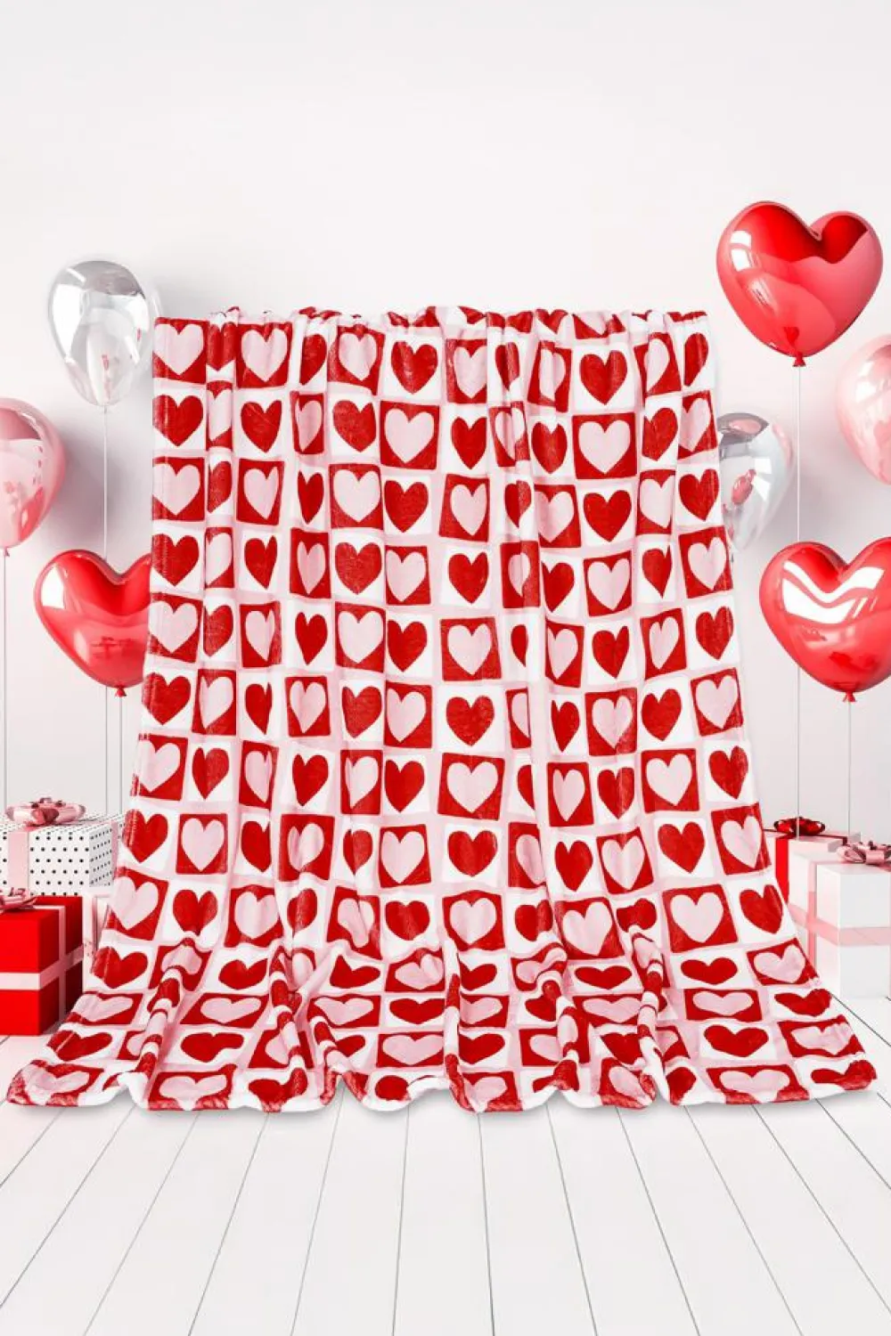 Sale Dear-Lover Heart Checkered Print Soft Large Blanket Fiery Red