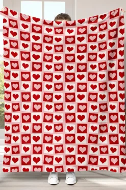 Sale Dear-Lover Heart Checkered Print Soft Large Blanket Fiery Red
