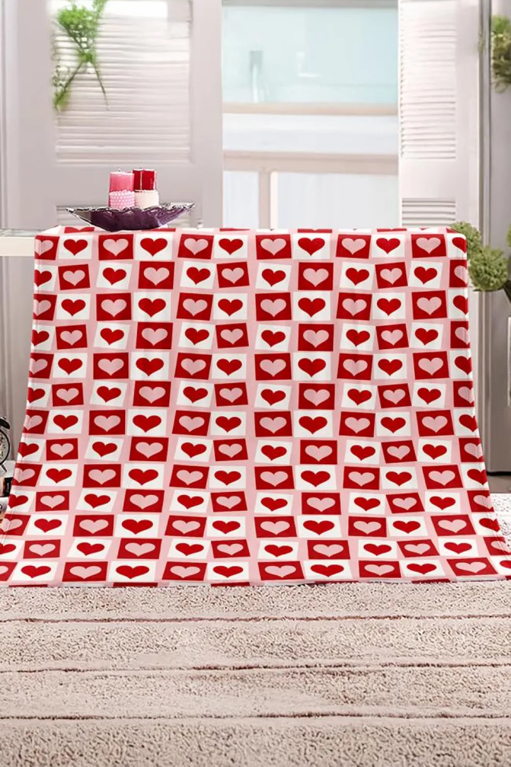 Sale Dear-Lover Heart Checkered Print Soft Large Blanket Fiery Red