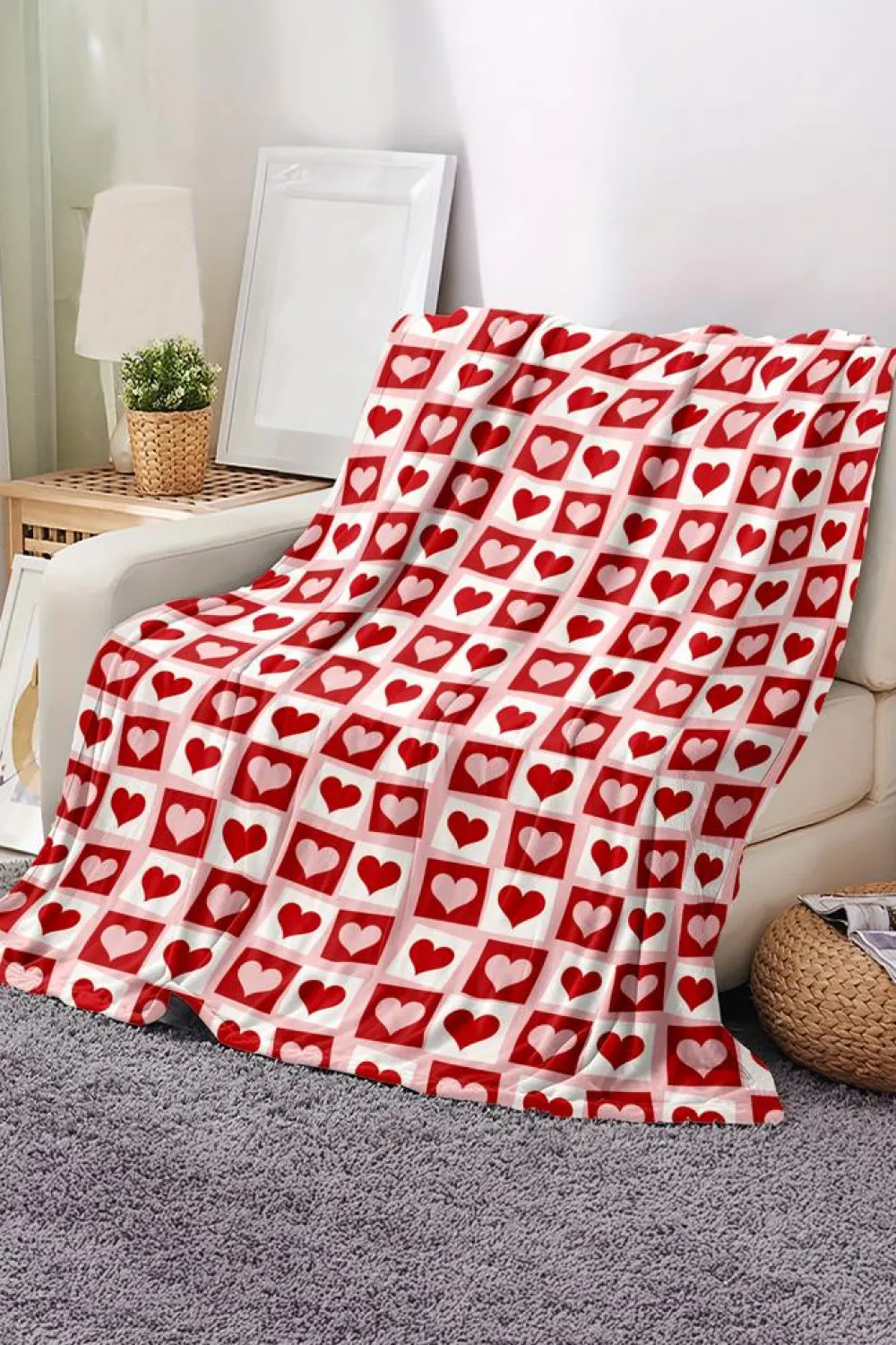 Sale Dear-Lover Heart Checkered Print Soft Large Blanket Fiery Red