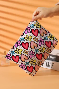 New Dear-Lover Heart Flower Print Corduroy Large Makeup Bag Fiery Red