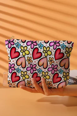New Dear-Lover Heart Flower Print Corduroy Large Makeup Bag Fiery Red
