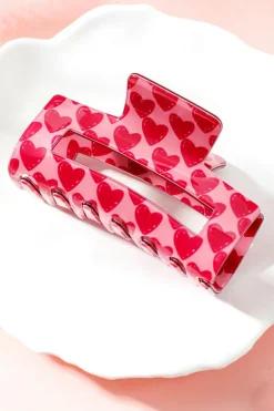 Best Dear-Lover Heart Print Hollow Out Square Hair Claw Clip Fiery Red