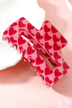 Best Dear-Lover Heart Print Hollow Out Square Hair Claw Clip Fiery Red