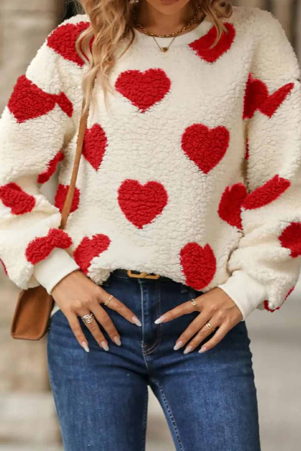 Outlet Dear-Lover Heart Shape Drop Shoulder Crewneck Plush Sweatshirt Fiery Red
