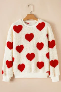 Outlet Dear-Lover Heart Shape Drop Shoulder Crewneck Plush Sweatshirt Fiery Red
