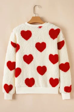 Outlet Dear-Lover Heart Shape Drop Shoulder Crewneck Plush Sweatshirt Fiery Red