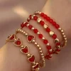 Outlet Dear-Lover Heart Shape Plated Beaded Elastic Bracelet Set Fiery Red