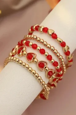 Outlet Dear-Lover Heart Shape Plated Beaded Elastic Bracelet Set Fiery Red