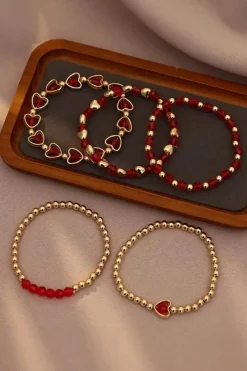 Outlet Dear-Lover Heart Shape Plated Beaded Elastic Bracelet Set Fiery Red