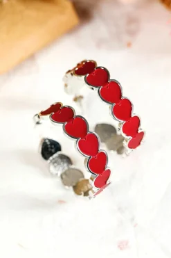 Hot Dear-Lover Hearts Decor Alloy C-shape Hoop Earrings Fiery Red