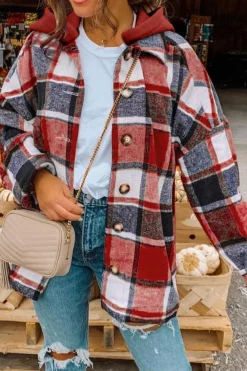 Best Dear-Lover Hooded Plaid Button Front Shacket Fiery Red