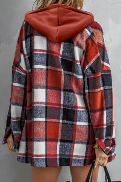 Best Dear-Lover Hooded Plaid Button Front Shacket Fiery Red