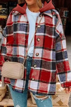 Best Dear-Lover Hooded Plaid Button Front Shacket Fiery Red