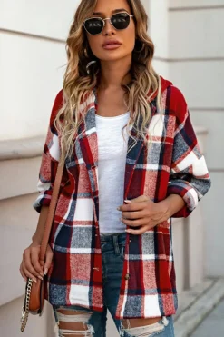 Best Dear-Lover Hooded Plaid Button Front Shacket Fiery Red