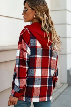 Best Dear-Lover Hooded Plaid Button Front Shacket Fiery Red