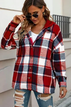 Best Dear-Lover Hooded Plaid Button Front Shacket Fiery Red